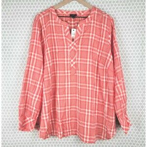 NEW TALBOTS Womens Sz 3X Lightweight Cotton/Rayon Split Neck PLAID Blouse Coral